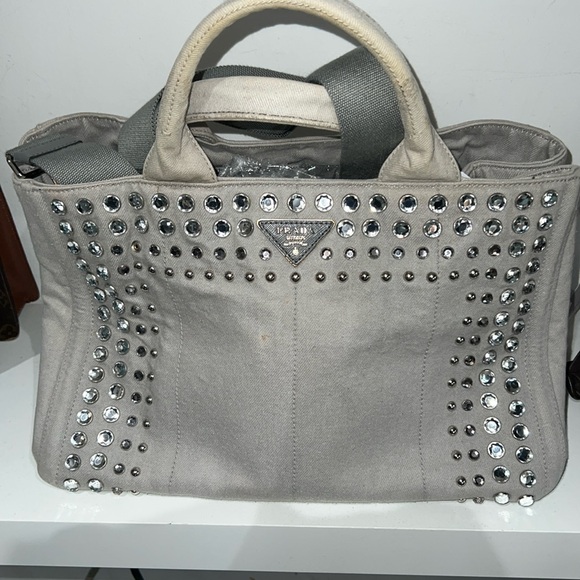 Prada Canapa Gray Studded Tote Bag with Strap - Picture 1 of 1